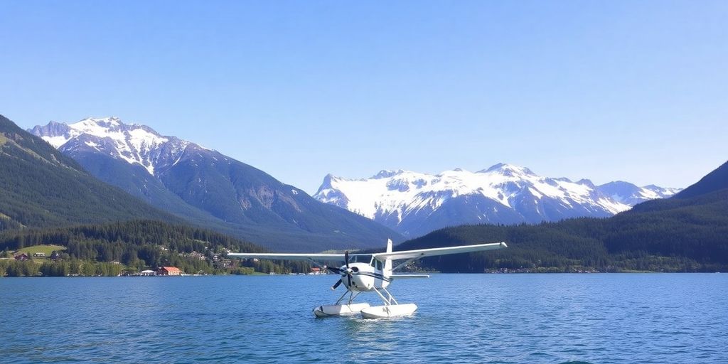 A seaplane on a lake with Girdwood and mountains.