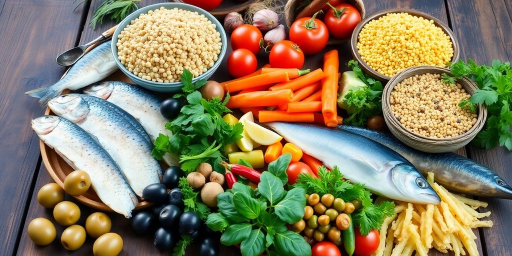 Traditional Mediterranean foods on a rustic wooden table.