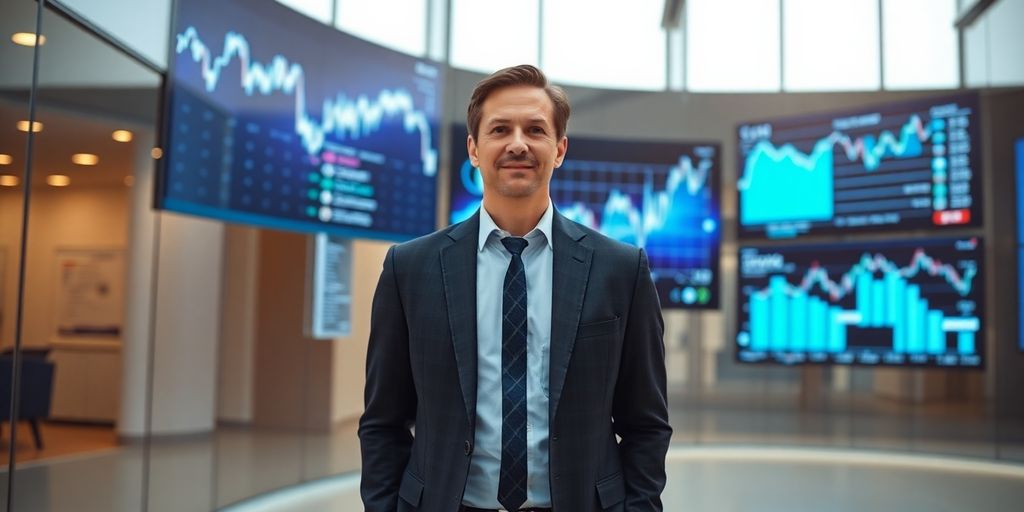 A CIO in a modern office with digital data screens.