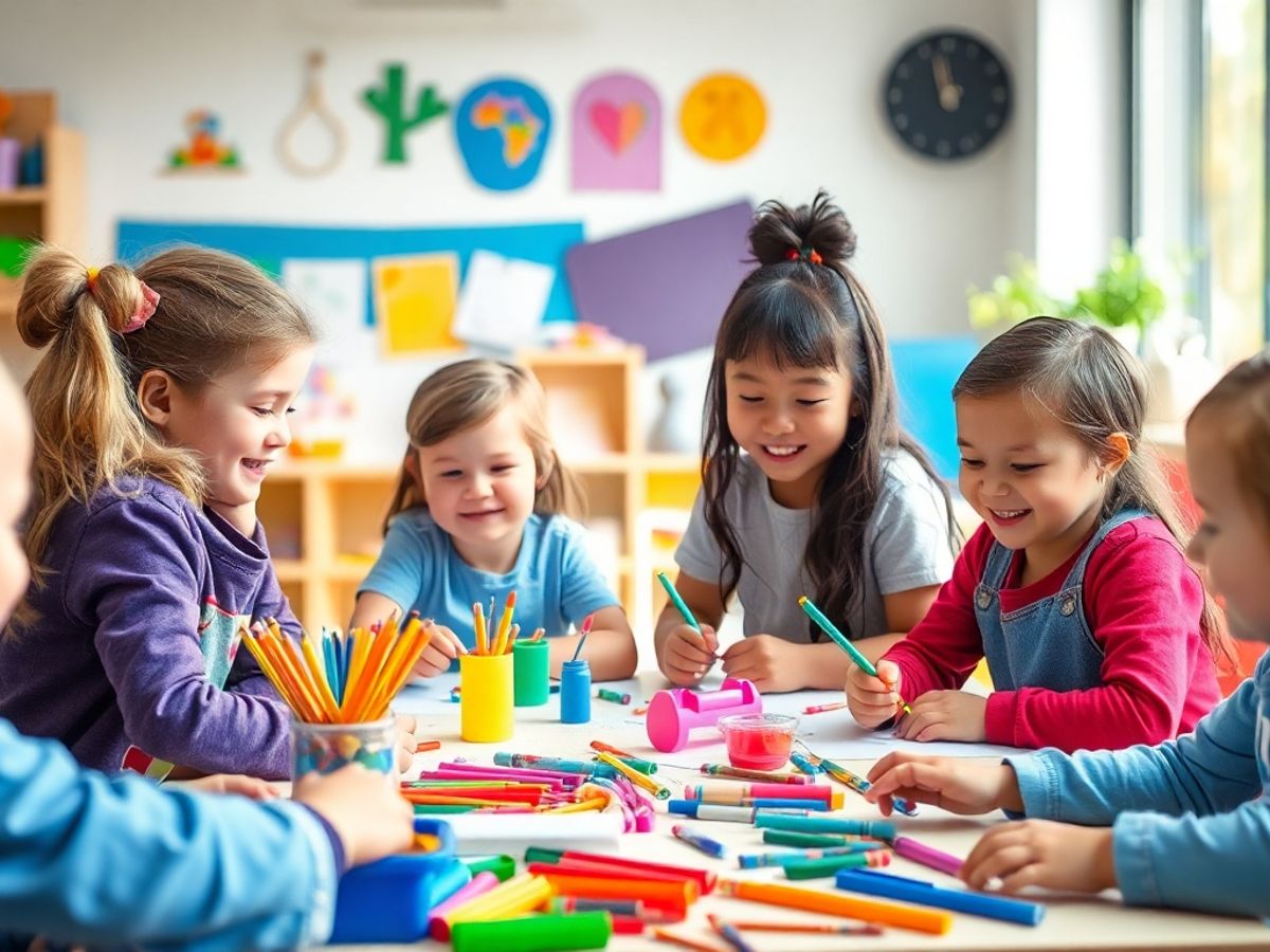 Copii jucându-se cu materiale educative colorate.