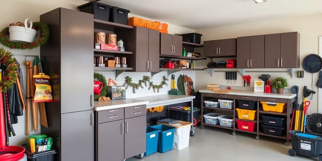 Organized garage with Gladiator storage for seasonal items.