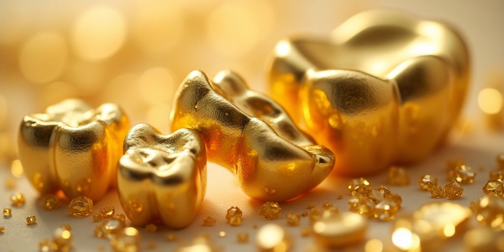 Des morceaux d'or dentaire brillants et détaillés.