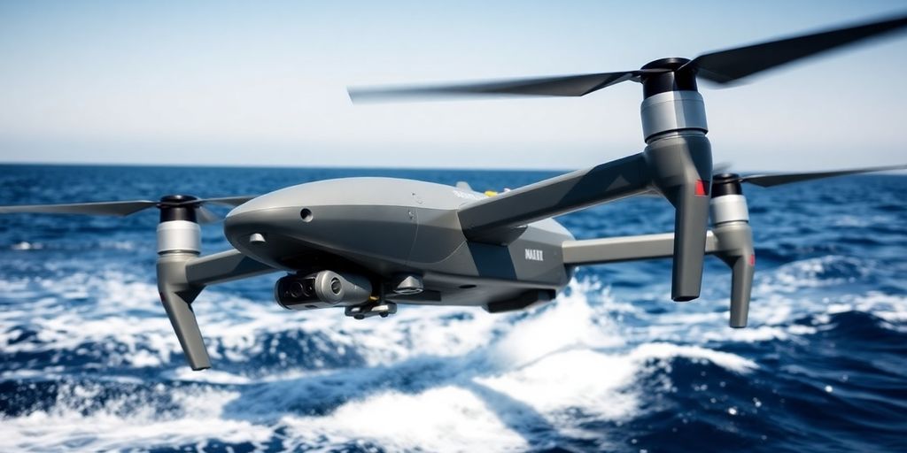 Drone naval en mer avec ciel bleu.