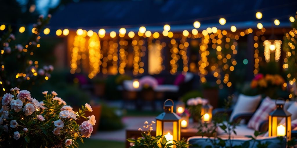 Gartenfestdekoration mit Blumen und Kerzen