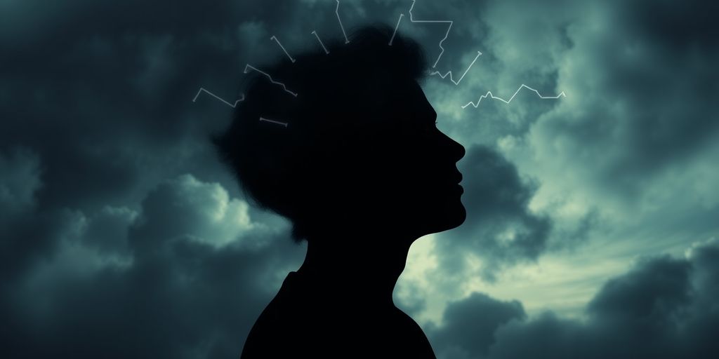 Person clutching head amidst swirling mental chaos.