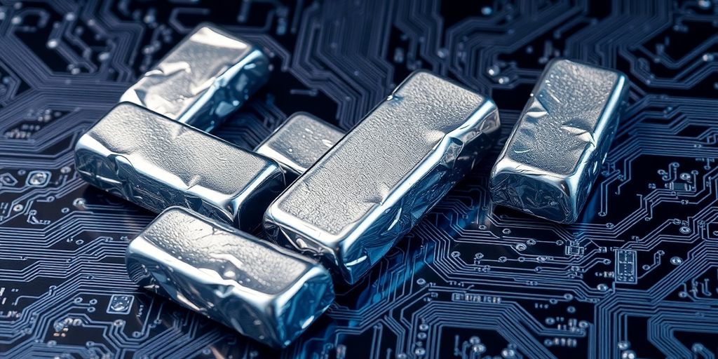 Lingots d'argent et circuits électroniques entrelacés.