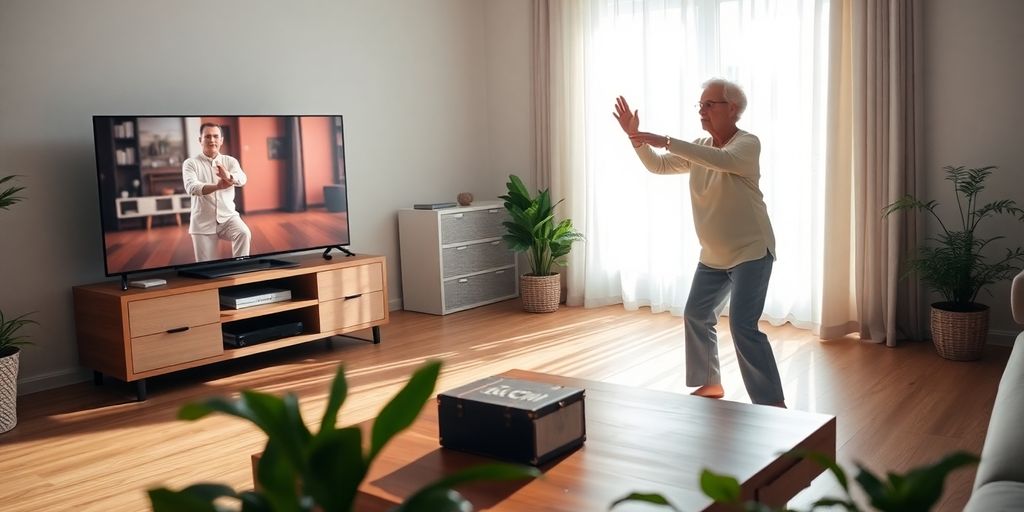 Senior woman practices Tai Chi at home with DVD case