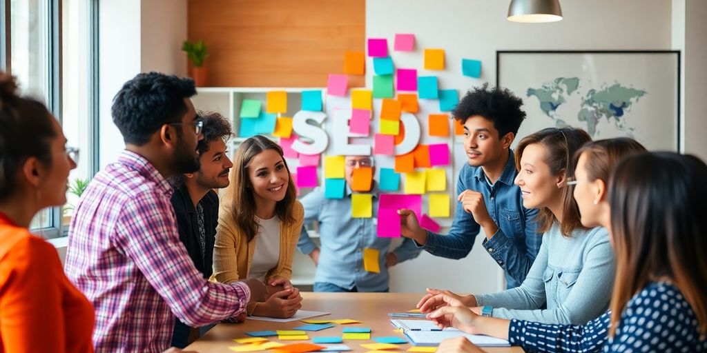 Grupo diversificado discutindo tendências de títulos SEO.