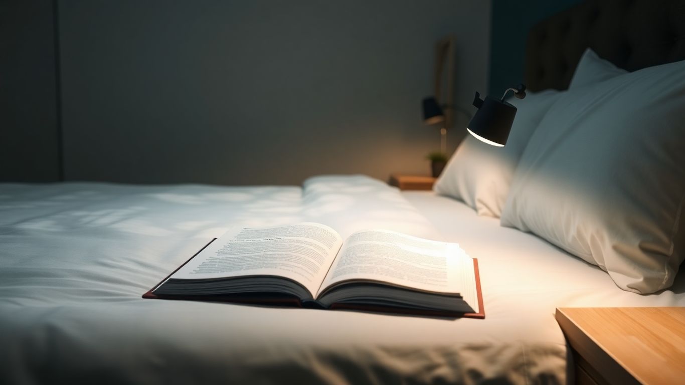 Modern bedroom with LED clip lamp and open book