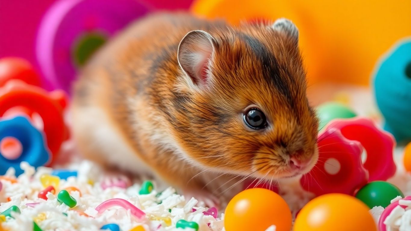Hamster colorido explorando brinquedos e ambiente vibrante.