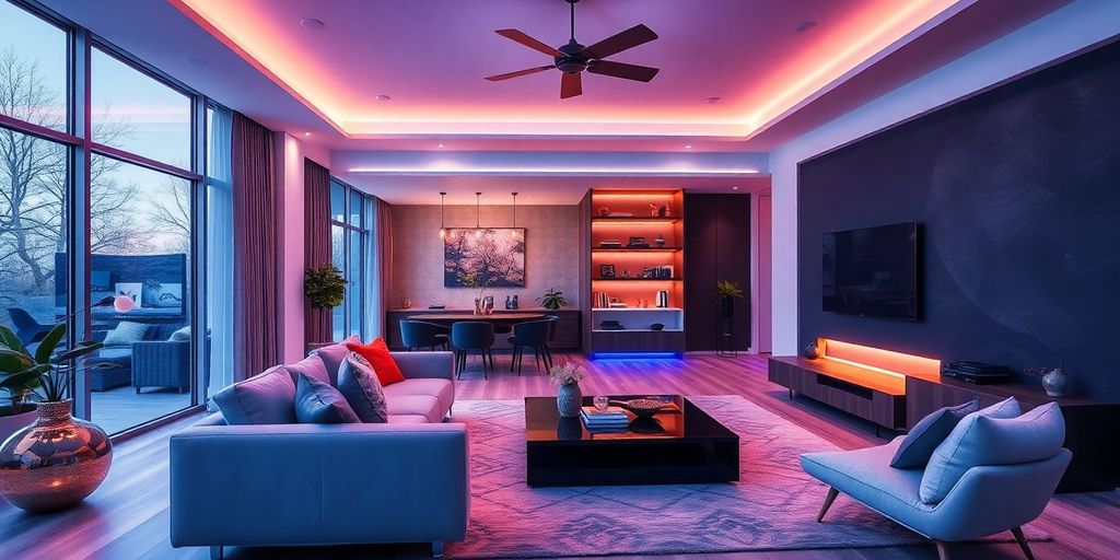 Modern living room with innovative design and technology.