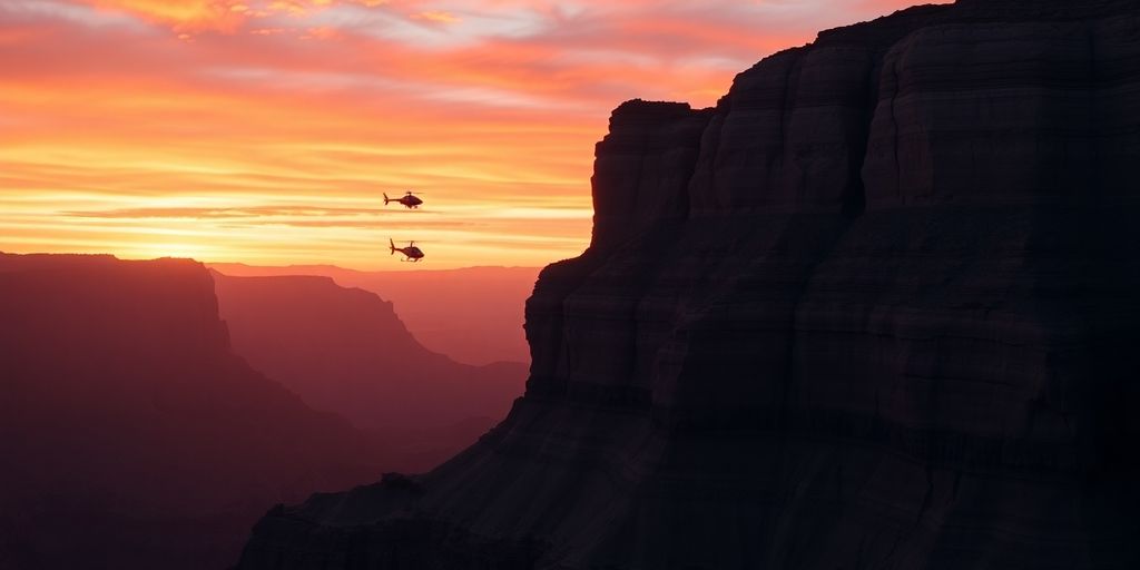 A tour helicopter flies over the Grand Canyon at sunset.