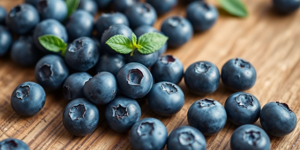 Fresh blueberries on a wooden surface, vibrant and appealing.