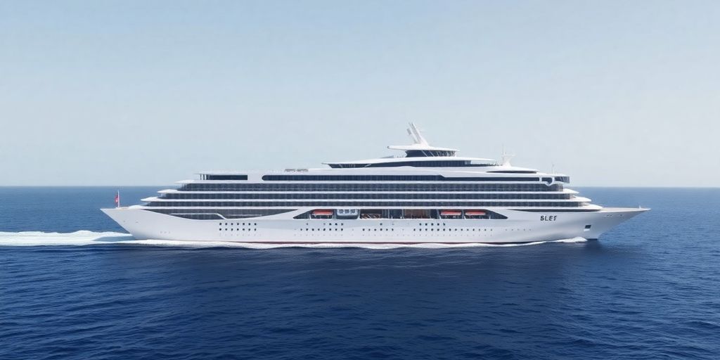 Futuristic Royal Caribbean LNG cruise ship sailing on blue water.