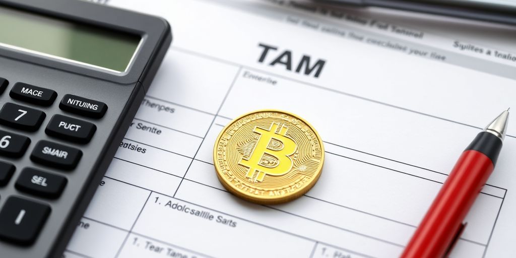 Digital currency on a tax form with calculator and pen.