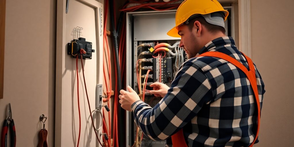 Electrician repairing home electrical panel with tools.
