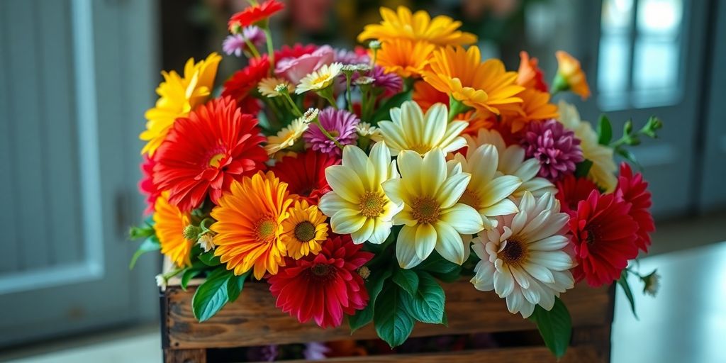 A colorful bouquet of fresh flowers in a crate.