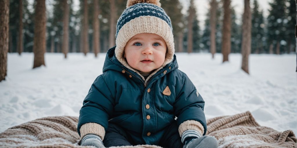 Baby in winter layers on snowy blanket