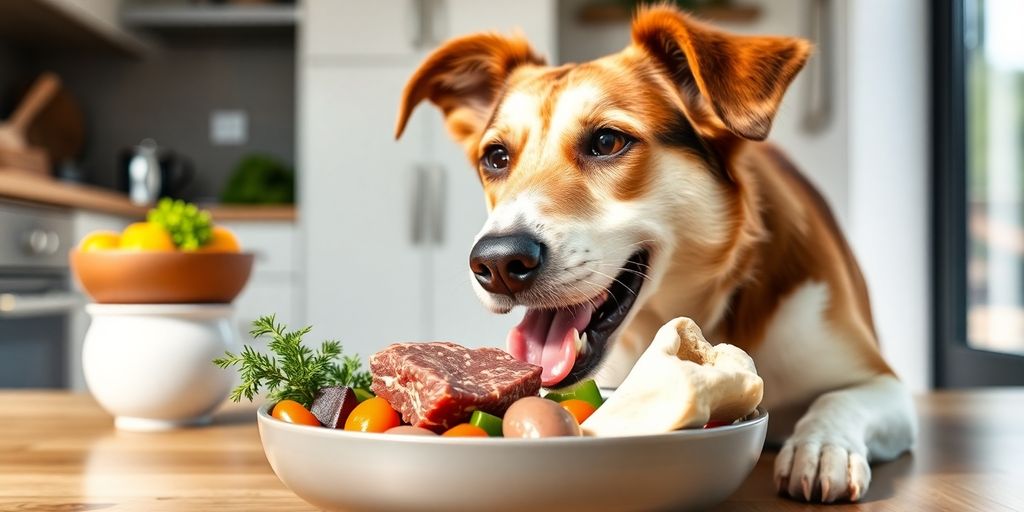 Dog enjoying a bowl of fresh, colourful raw dog food.