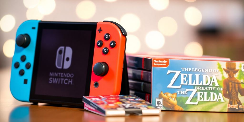 Nintendo Switch console with colorful joy-cons and game cartridges.