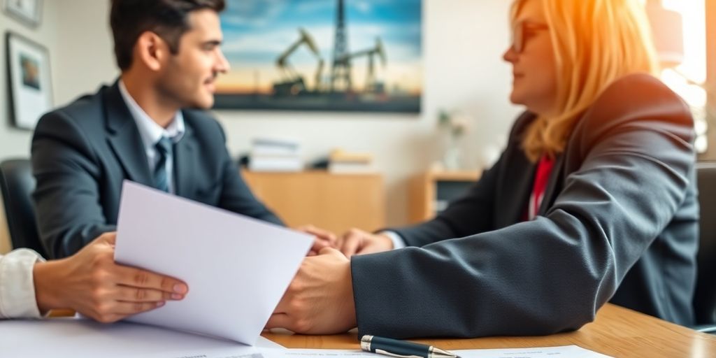 Lawyer consulting with client in an office setting.