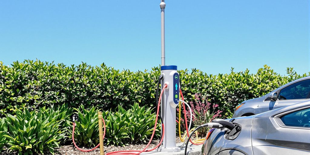 Electric vehicle charging station with car and greenery.