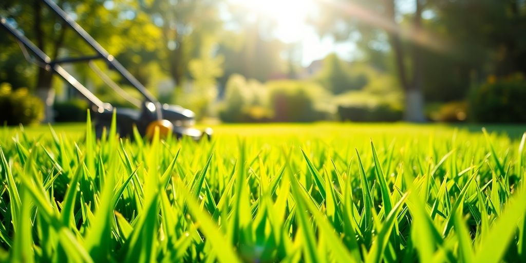 Grüner Rasen wird im Spätsommer gemäht.