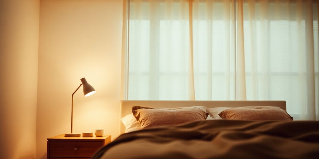 Modern bedroom with ambient, layered lighting.