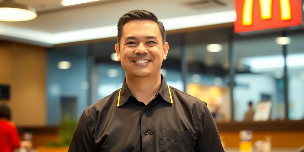 McDonald's General Manager smiling, standing in a restaurant.