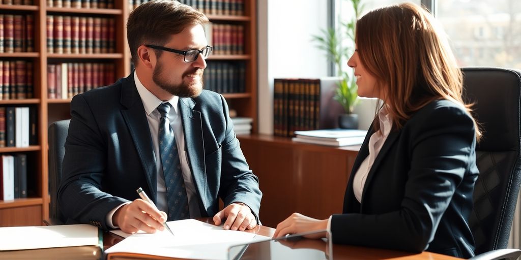 Accident solicitor consulting with a client in an office.