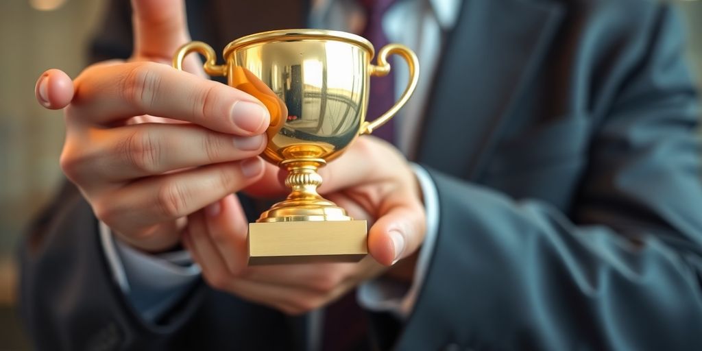 Business professional smiling, holding up a winning trophy.