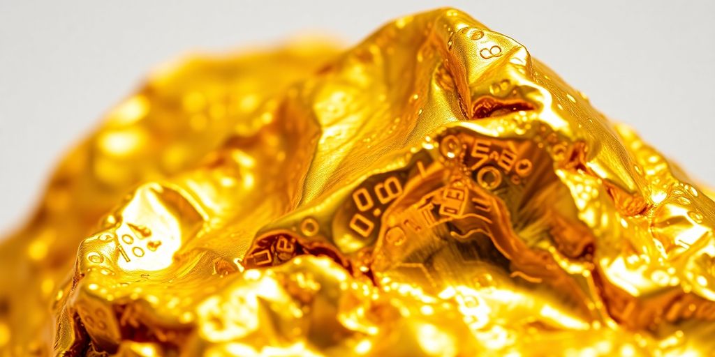 Plaque d'or brillant 18 carats près d'une loupe.