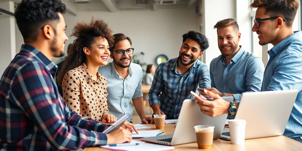 Entrepreneurs collaborating in a modern startup workspace.