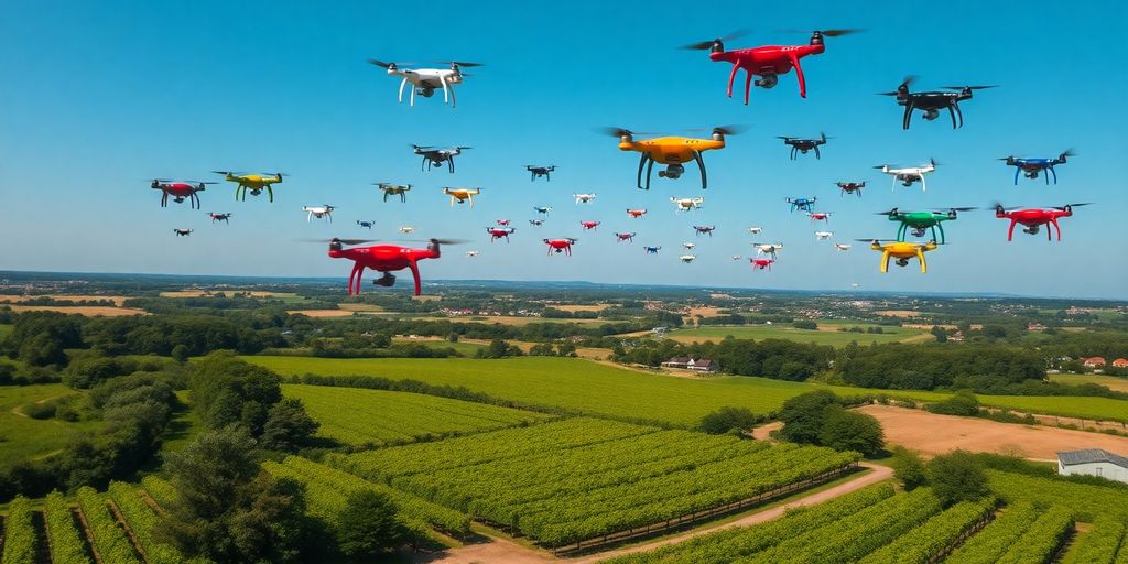Vue aérienne de drones colorés en vol.