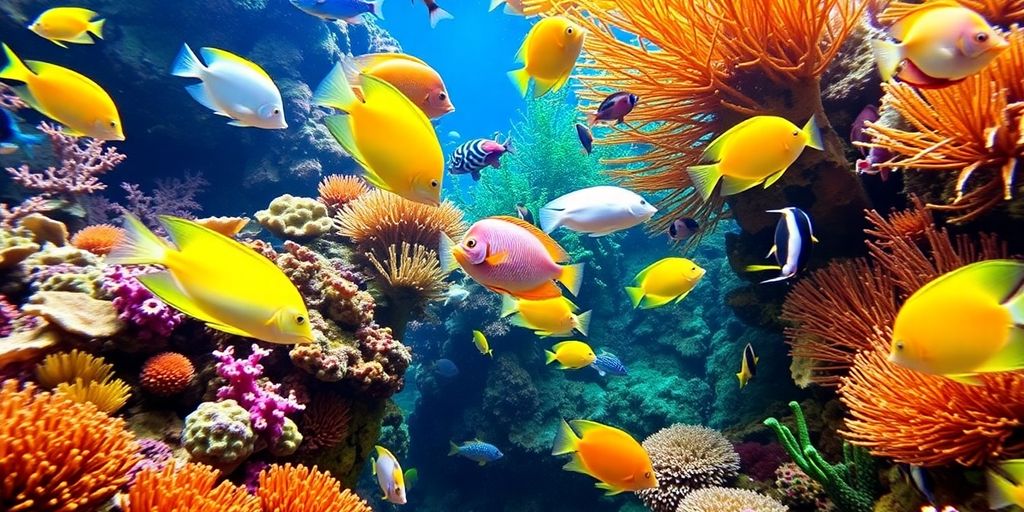 Peces tropicales coloridos nadando en un arrecife de coral.