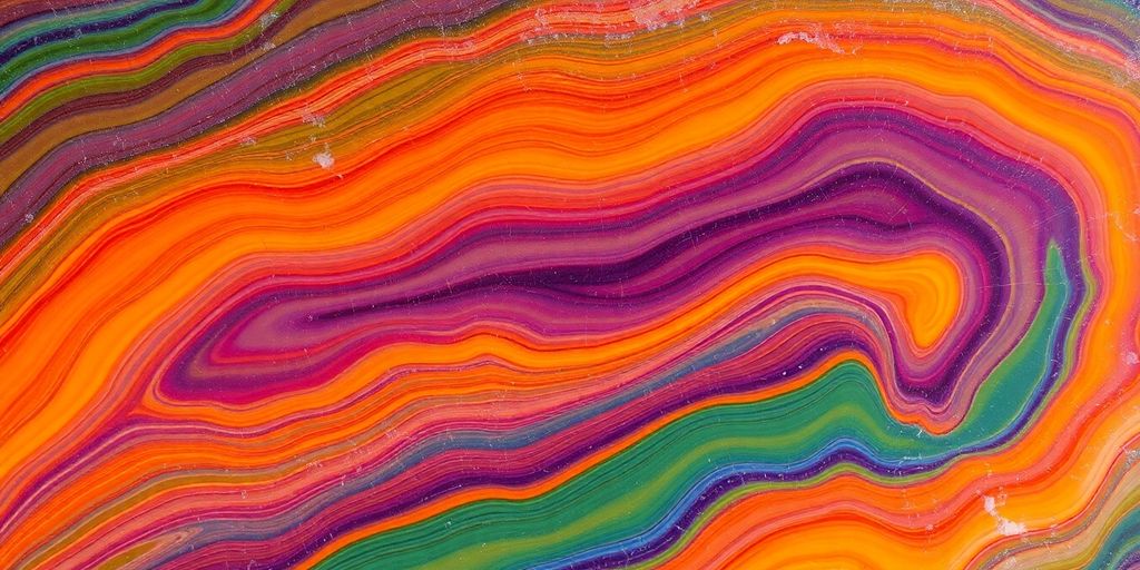 Rainbow onyx polished slab with swirling colorful bands.