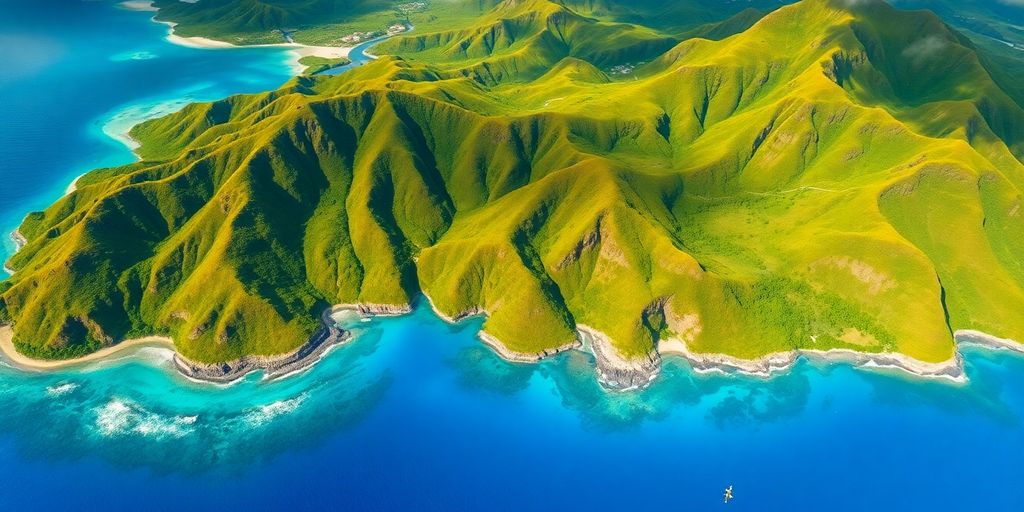 Aerial view of Tahiti's lush islands and wildlife.