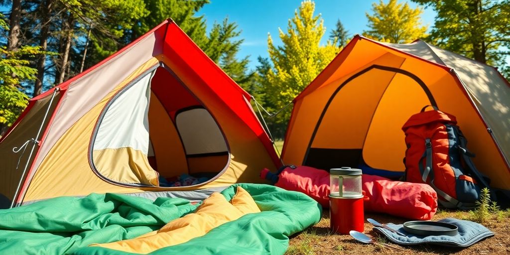 Zelt, Rucksäcke und Campingausrüstung im Freien.