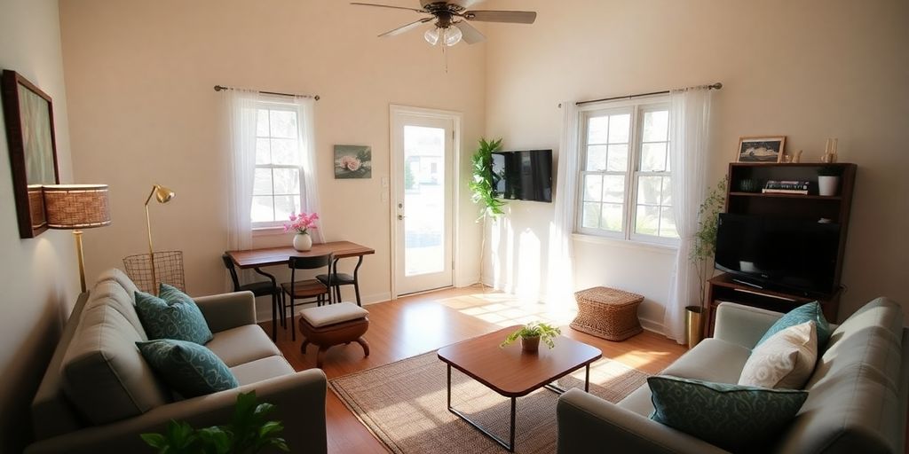 Warm interior of an Airbnb with natural light.