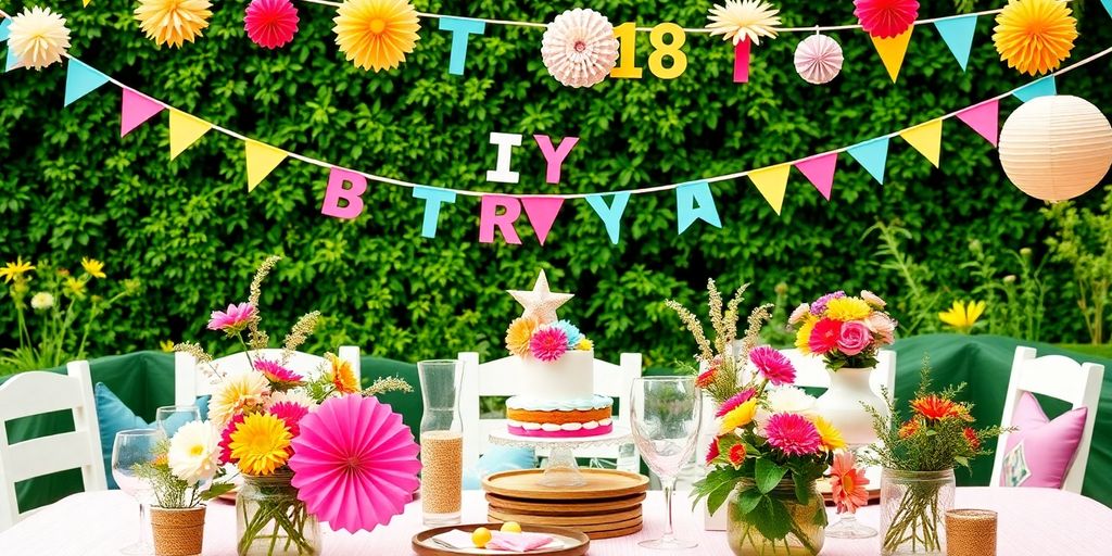 Colorful DIY garden decorations for a birthday party.