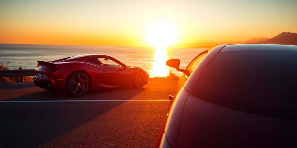 Voiture de luxe sur route sinueuse, soleil couchant.