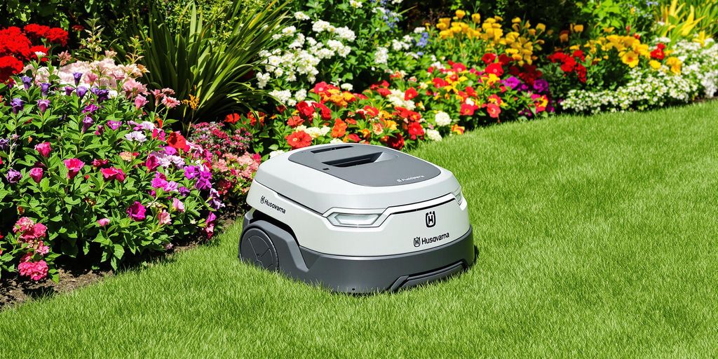 Husqvarna Automower klipper gräs i en trädgård.