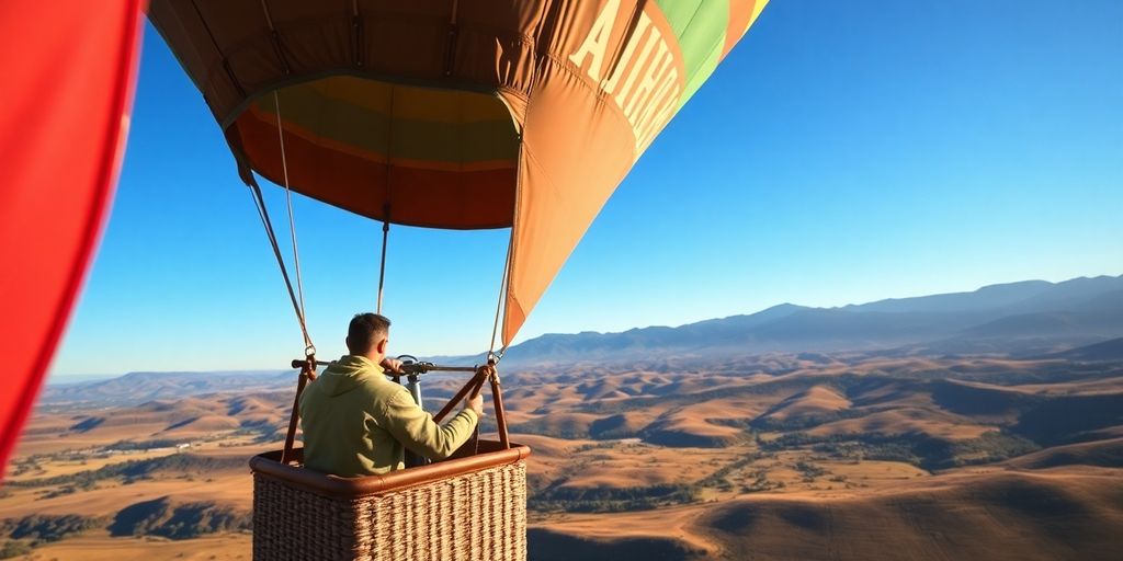 Heißluftballon vor bergiger Landschaft