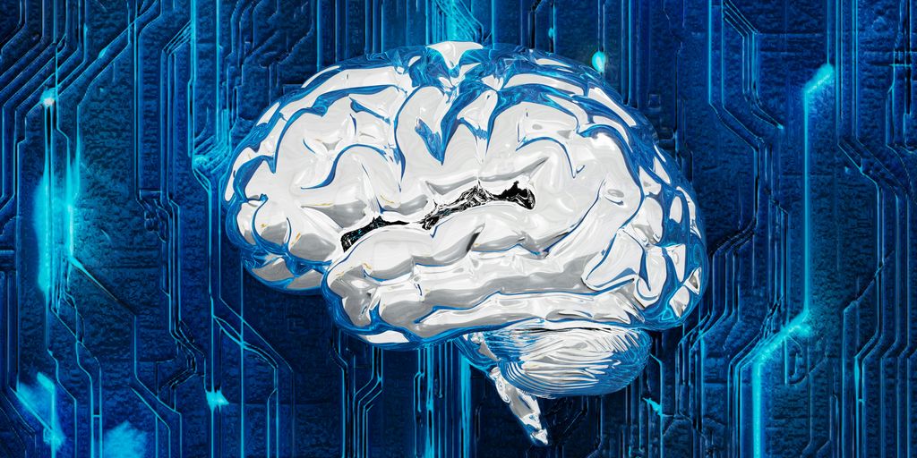 A computer circuit board with a brain on it