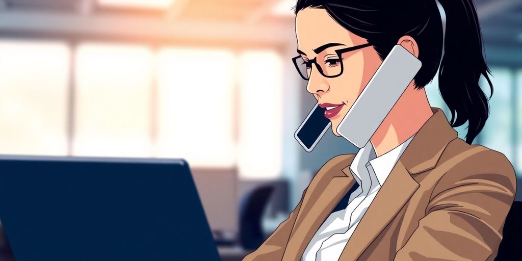 Person using phone and laptop, professional setting.