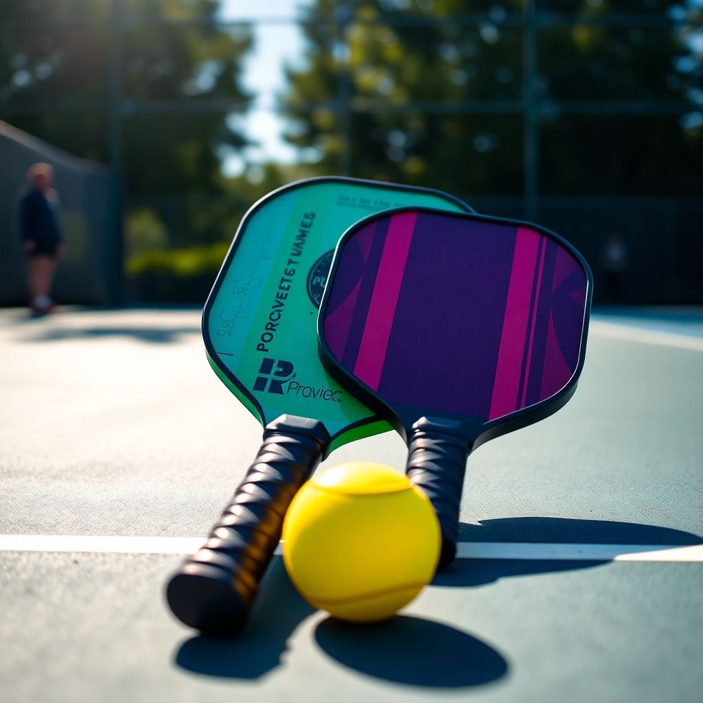 Pickleball paddles and ball on court.