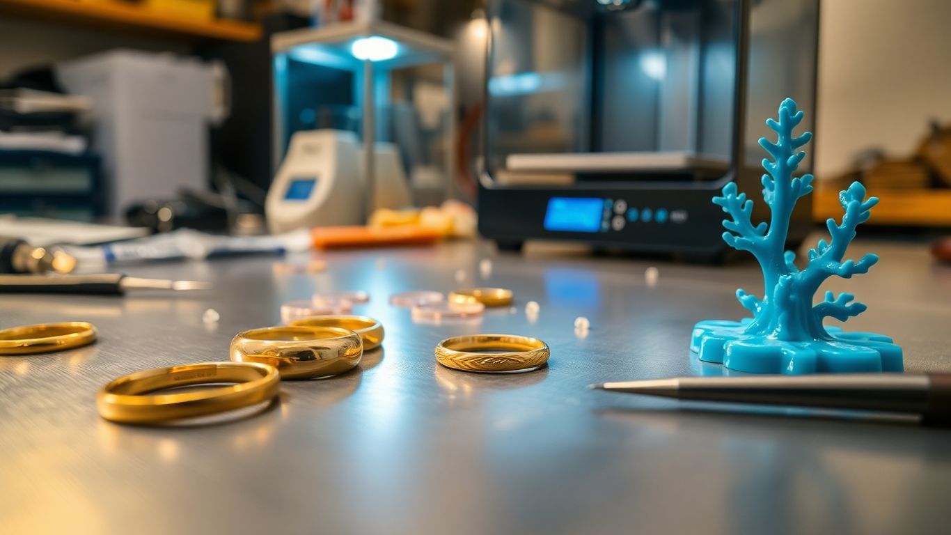 Gros plan d’anneaux en or, modèle cire bleue 3D imprimé.