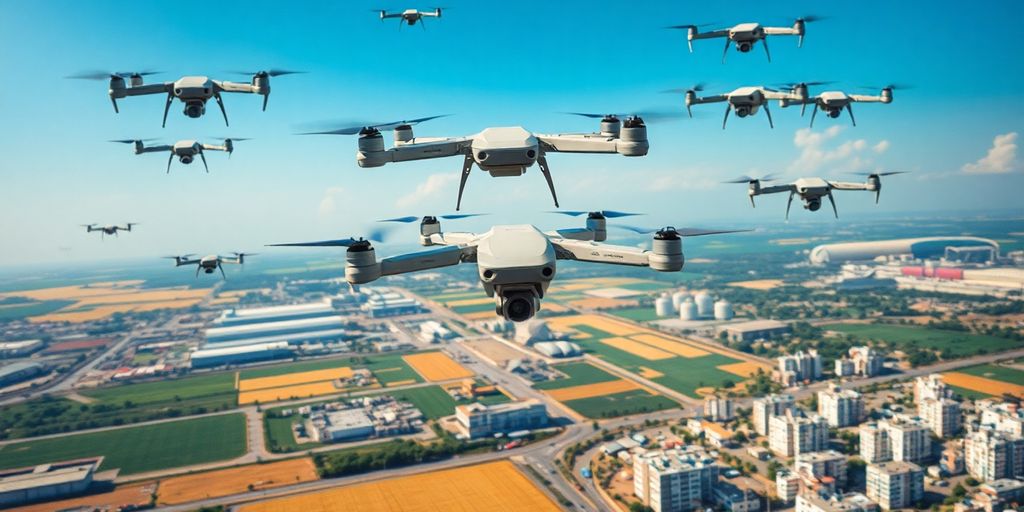 Drones flying over diverse landscapes.