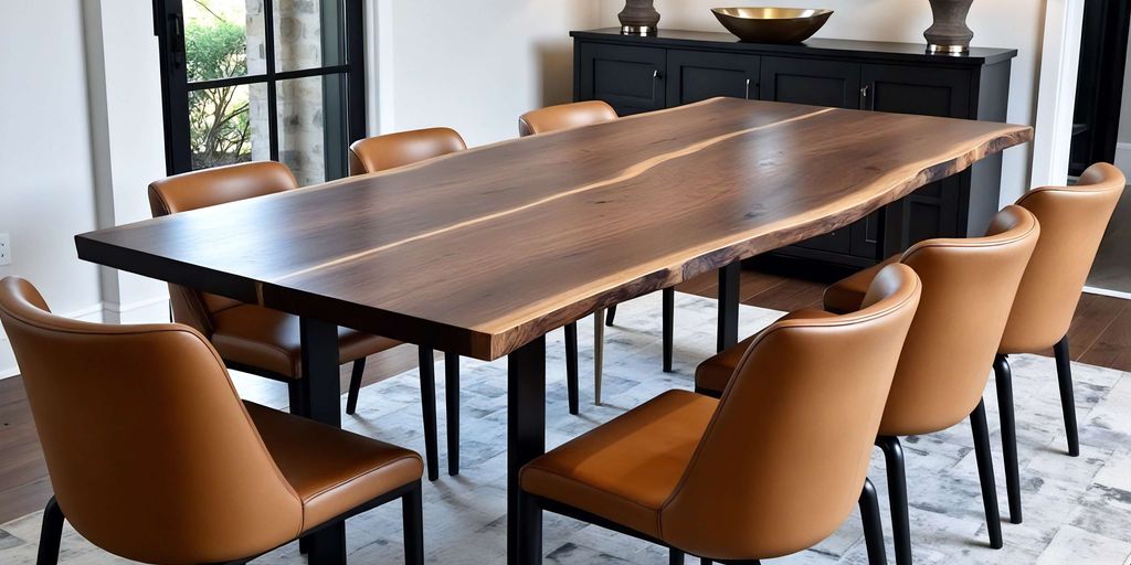 Modern dining room with a large wooden table and chairs.