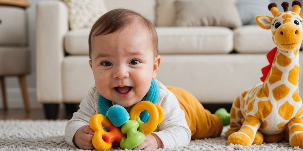 Baby chewing on a giraffe teething toy